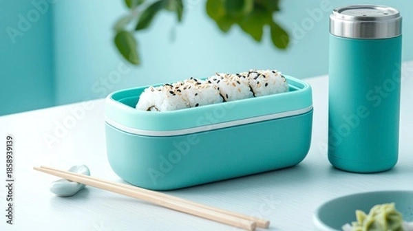 Obraz Minimalist lunch setup with onigiri container, chopsticks, and thermos  