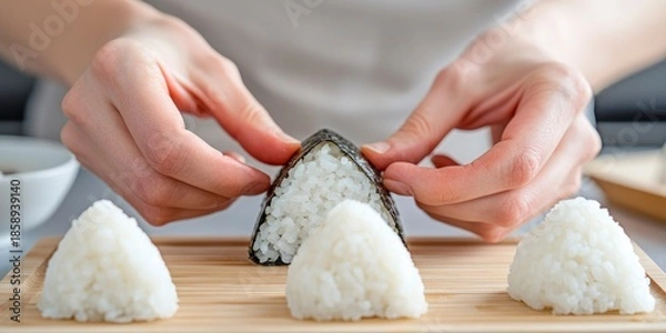 Obraz Hands pressing warm rice into triangular onigiri mold in kitchen  