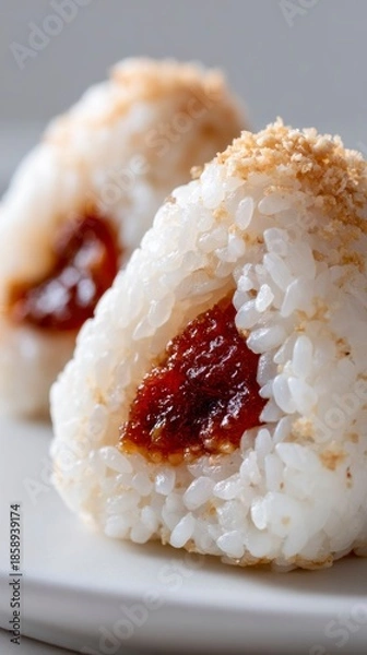 Obraz Close-up of onigiri rice balls with umeboshi filling on plate  