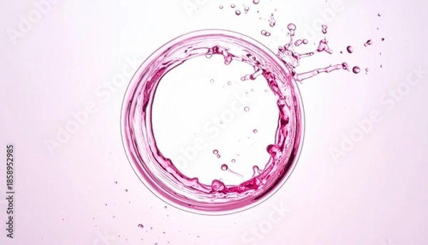 Obraz 潤いや化粧水、美容液の美容系イメージ　ピンクの透明感ある水が丸くスプラッシュする美しい抽象的な背景