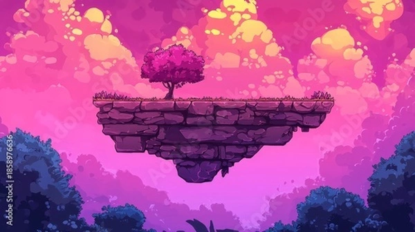 Obraz 2D mobile game level featuring a floating platform and fantasy terrain.