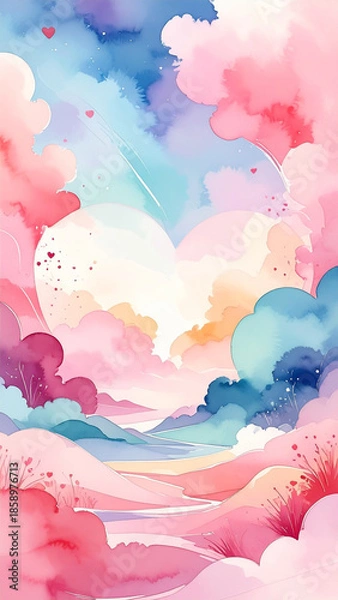 Fototapeta ハートがふわふわと浮かぶ不思議な気持ちの風景　パステルカラーの背景素材