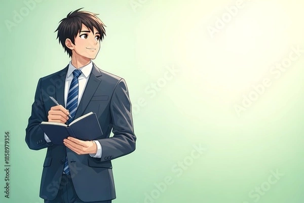 Obraz メモを取りながら考える若いビジネスマンのイメージ