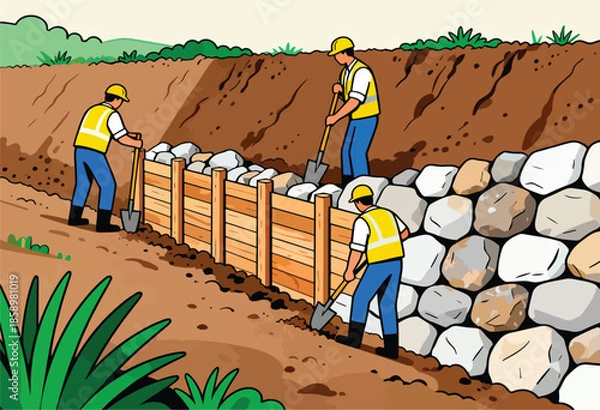 Obraz Workers construct a retaining wall by digging, placing rocks, and securing wooden planks