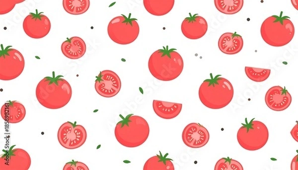 Obraz Animated tomatoes and slices on white background, seamless pattern