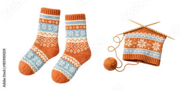 Obraz Hand-Knitted Nordic Pattern Socks and Knitting Work in Progress