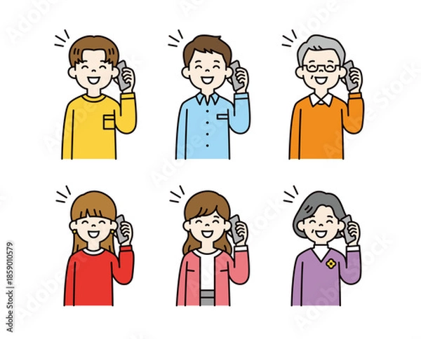 Obraz 笑顔でスマホで通話する、様々な年代の男性と女性のベクターイラスト素材セット＿カラー	