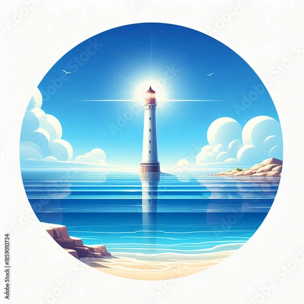 Obraz 円形フレームに収められた太陽の光り輝く幻想的な白い灯台
