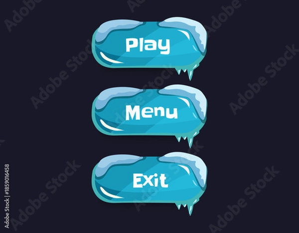 Fototapeta Game menu buttons interface with freezing ice texture. play, menu, exit game button UI design. vector