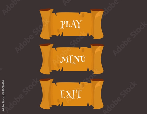 Fototapeta Game menu buttons interface with tree bark texture. play, menu, exit game button UI design. vector