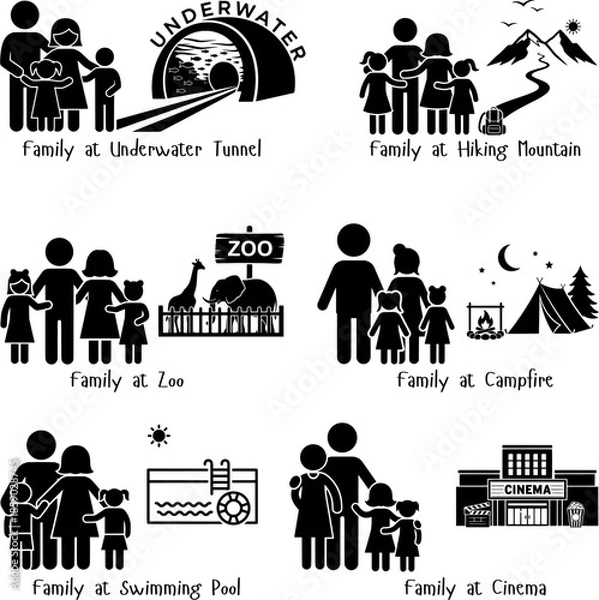Obraz Happy Family at Zoo Cinema Swimming Pool Camping and Hiking Illustrations