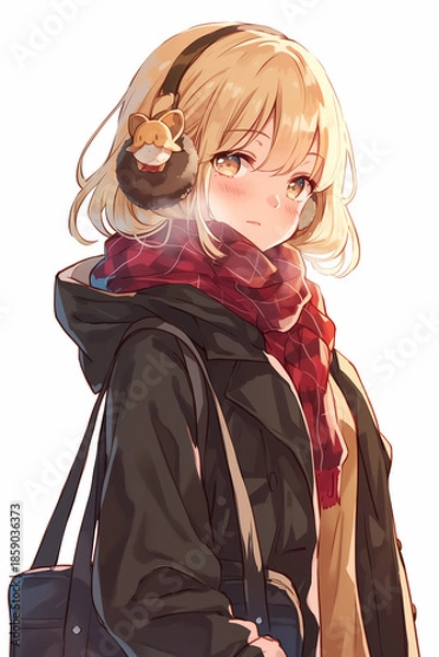 Obraz 耳あてとマフラーを身に着けた冬服のアニメ美少女　通学・防寒・可愛いイラスト

