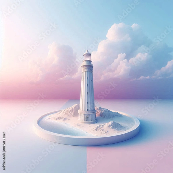Obraz 円形のステージに佇むミニマルな3Dモデルの灯台と入道雲