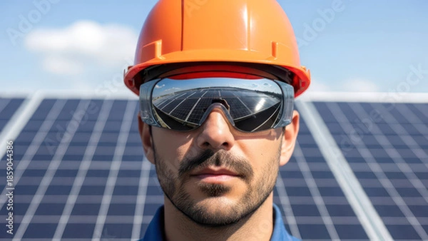 Obraz Solar Energy Engineer in Orange Hard Hat with Panel Reflection
