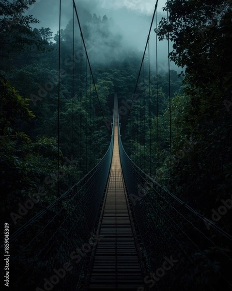 Obraz Suspension bridge in misty forest