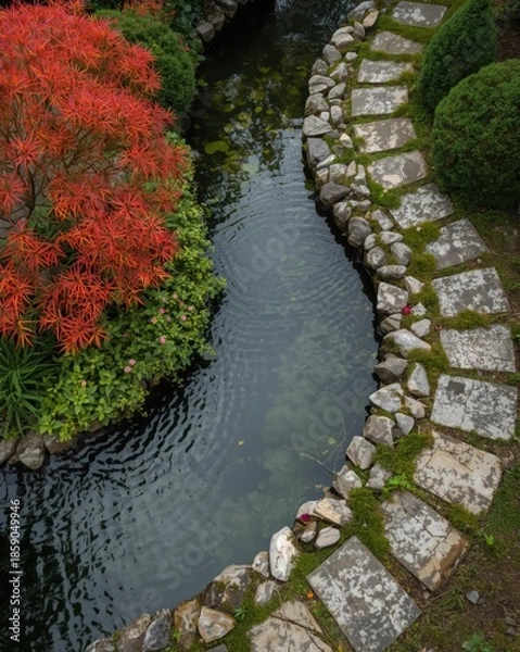 Obraz Serene garden path alongside a tranquil pond