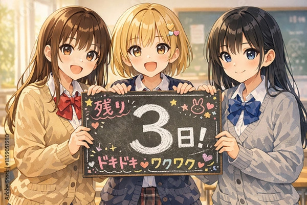 Obraz 残り3日と書かれた黒板を持つアニメ美少女3人　カウントダウンと学校イベントのイラスト
