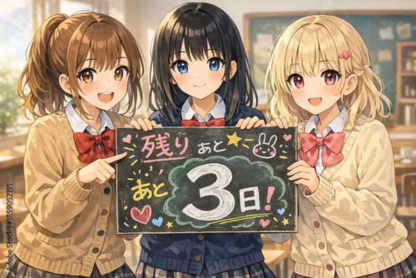 Fototapeta 残り3日と書かれた黒板を持つアニメ美少女3人　カウントダウンと学校イベントのイラスト

