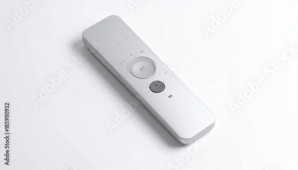 Fototapeta Minimalist White Remote Control with Circular Navigation Pad and Two Buttons on White Surface