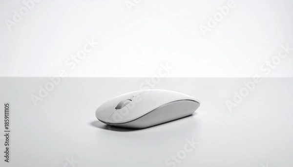 Fototapeta White Wireless Computer Mouse with Scroll Wheel on White Surface and Neutral Background