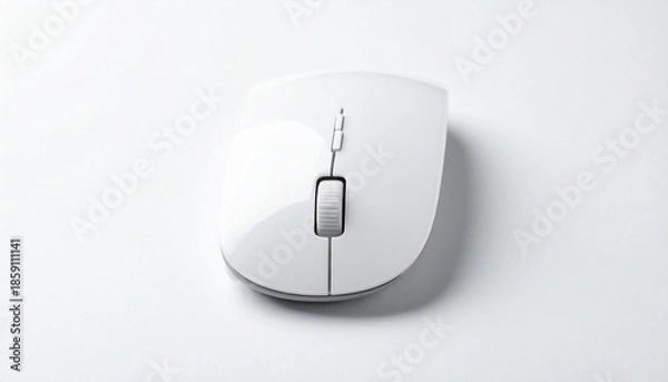Fototapeta White Wireless Computer Mouse with Scroll Wheel on White Surface and Neutral Background