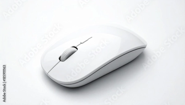 Fototapeta White Wireless Computer Mouse with Scroll Wheel on White Surface and Neutral Background