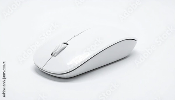 Fototapeta White Wireless Computer Mouse with Scroll Wheel on White Surface and Neutral Background