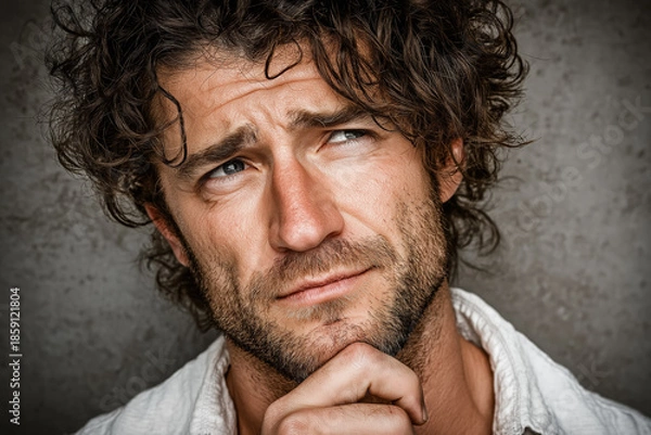 Obraz Thoughtful young man with curly hair looking up, wearing white shirt, against a gray background