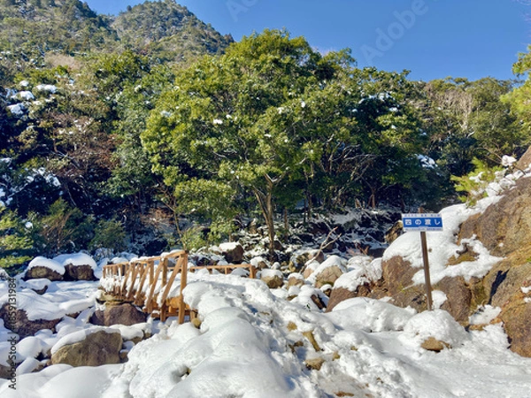 Obraz 御在所岳の裏道登山道にある四の渡しで雪の中を渡渉する冬の風景