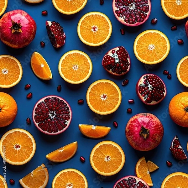 Fototapeta Fruit pattern oranges & pomegranates on blue