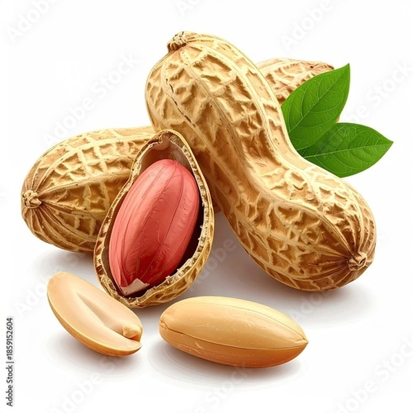 Fototapeta Peanuts in shells, one open, with leaves
