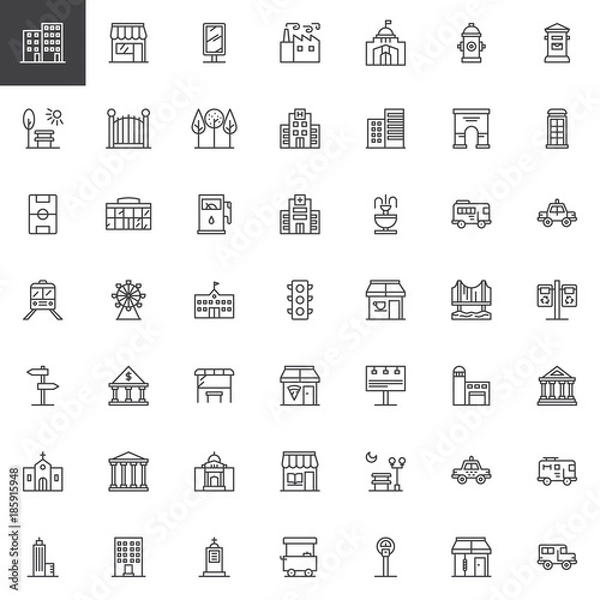 Obraz City buildings and transportation line icons set, outline vector symbol collection, linear style pictogram pack. Signs, logo illustration. Set includes icons as hospital building, hotel, factory, park