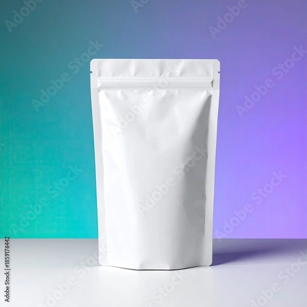 Fototapeta White pouch stands centered against a teal/purple gradient backdrop