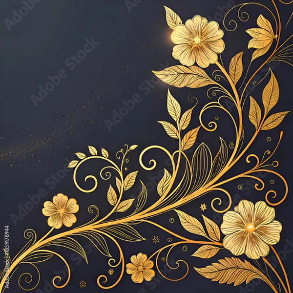 Obraz Elegant Gold Floral Patterns on Black Background