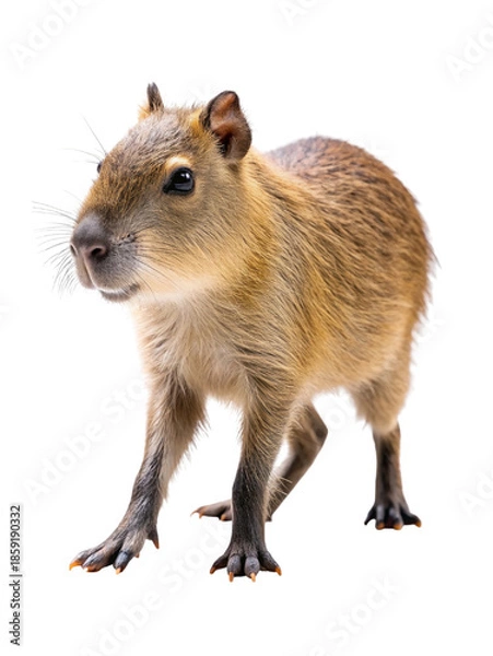 Obraz A young capybara stands alert, showcasing its features against a black background