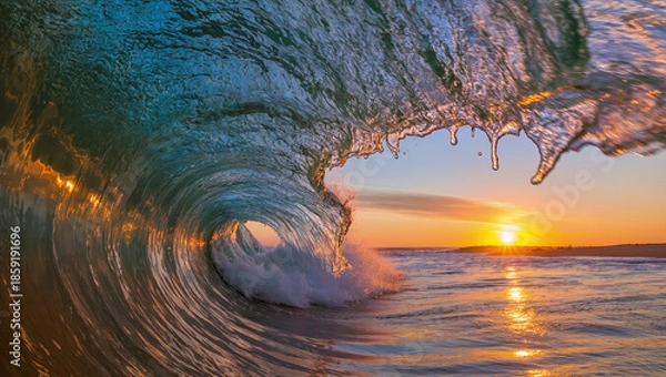 Fototapeta Ocean Wave Breaking Sunset.