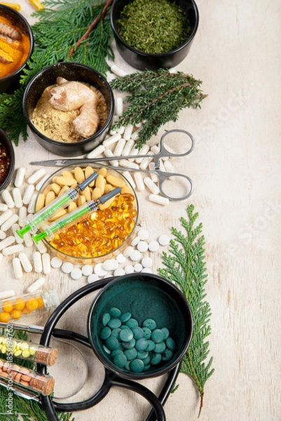 Obraz Alternative medicine herbal organic capsule. Herbs leaf natural supplements for healthy good life.