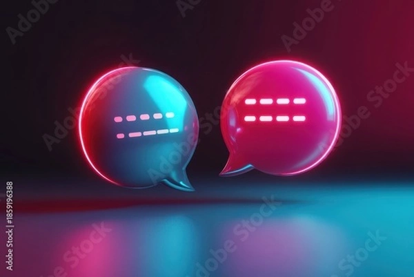 Obraz A vibrant, neon-lit chat bubble with a smiling face, set against a dark background.