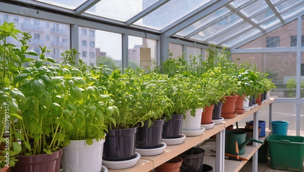 Fototapeta Greenhouse herb garden.