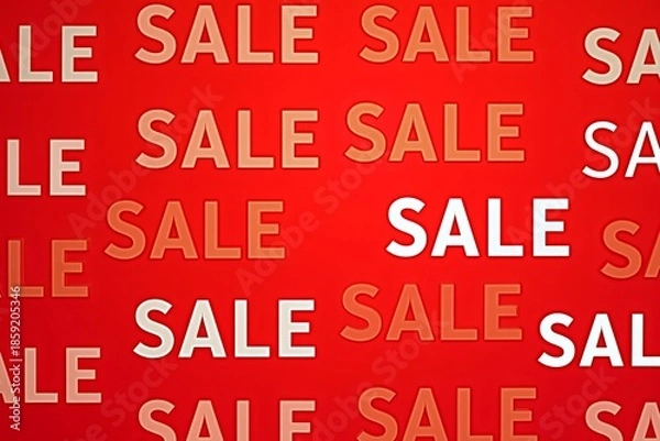 Obraz Red background filled with repeating "SALE" text in varying colors and sizes, creating a promotional discount visual.