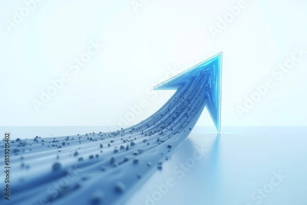 Obraz Blue glowing arrow rises upward, symbolizing growth and progress against a soft gradient background. Modern, sleek design.