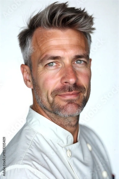 Obraz Confident chef smiles warmly, gray hair styled neatly, white coat and black apron against clean white background.