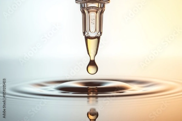 Obraz Golden droplet falls from pipette, creating ripples on reflective surface under soft warm light.