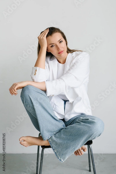 Obraz Confident Young Woman In White Blazer Posing