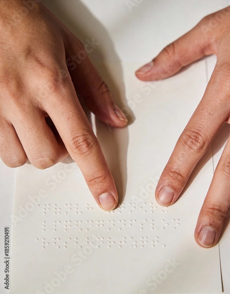 Obraz Close-up of hands reading braille on white paper, soft shadows, minimal background, elegant stock-style composition, symbolizing accessibility, inclusion, and tactile literacy