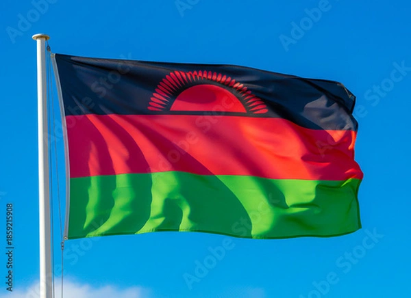 Fototapeta Close-up of the Malawi flag waving in the wind against a blue sky background