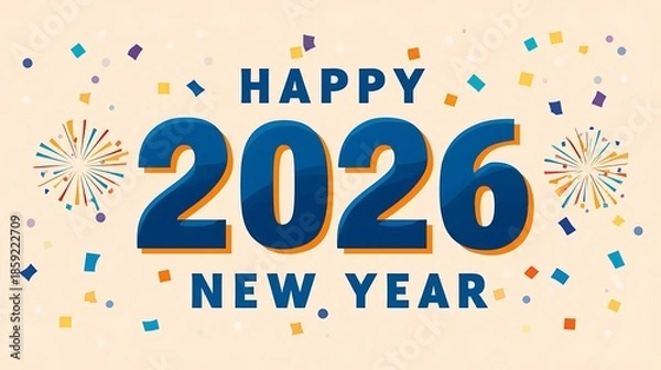 Fototapeta Vibrant Happy New Year 2026 celebration with colorful confetti
