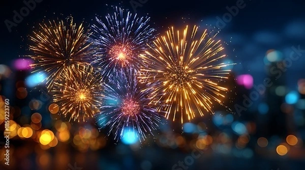 Fototapeta Vibrant fireworks exploding in night sky over cityscape