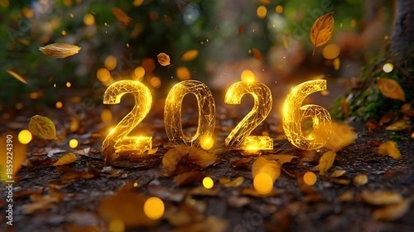 Fototapeta Golden 2026 year sign surrounded by falling autumn leaves