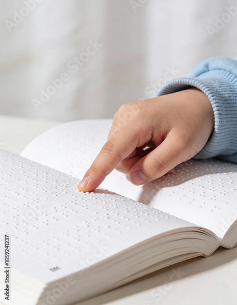 Obraz Close-up of a child’s hands reading Braille in an open book, soft diffused lighting, textured pages, gentle tactile learning, emphasizing accessibility, early education, and discovery